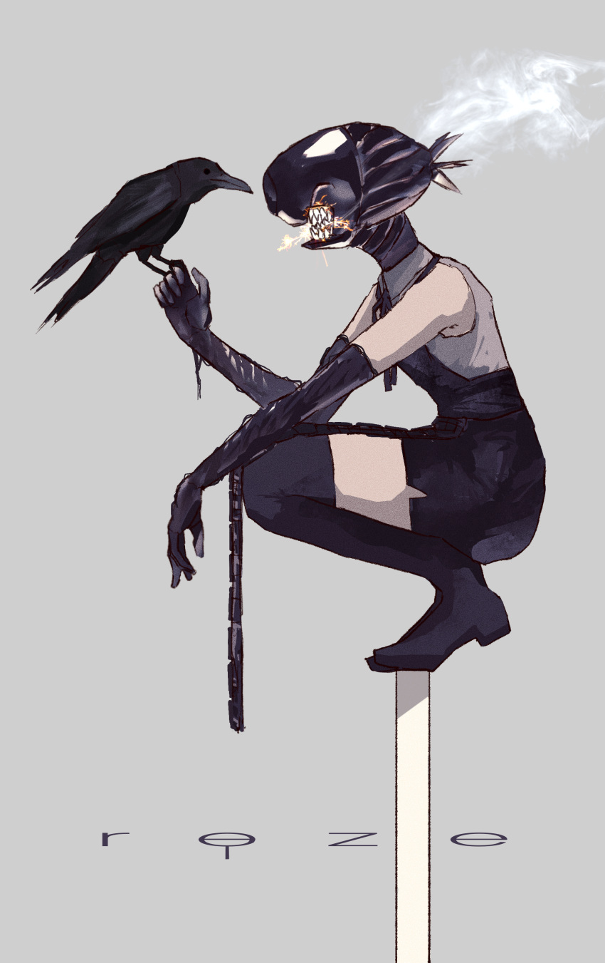 absurdres, animal, bird, black_choker, black_gloves, bomb, chainsaw_man, character_name