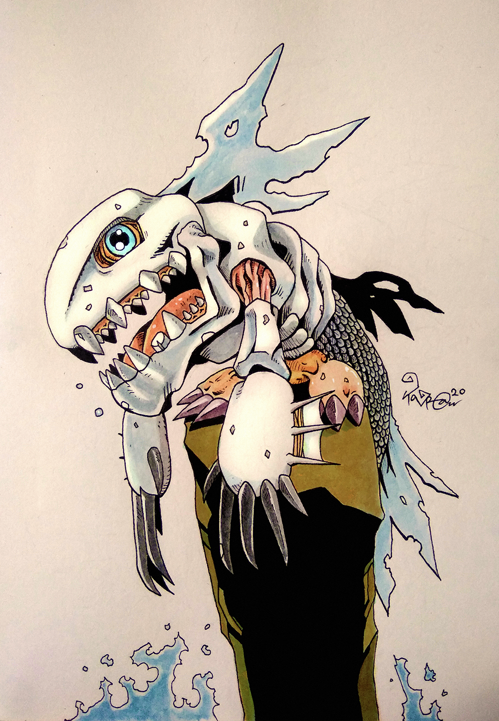 arm_fins, armor, blue_eyes, bone_armor, carapace, claws, coelamon, digimon