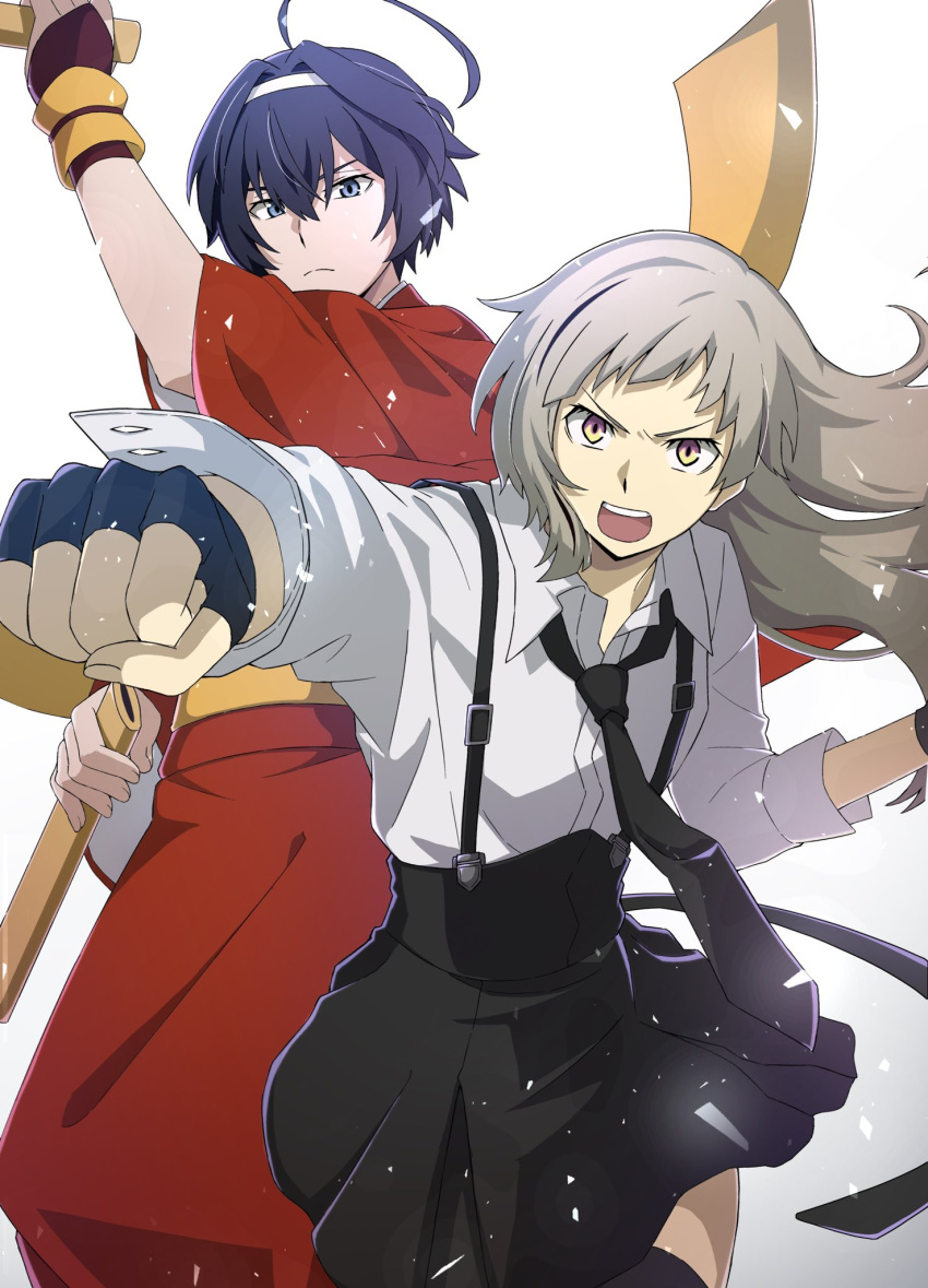 1boy, 1girl, ahoge, black_gloves, black_hair, black_necktie, black_thighhighs, blue_eyes