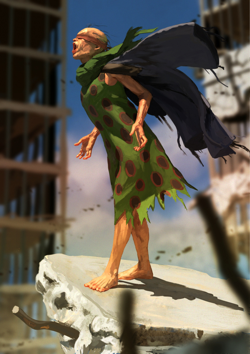 1boy, akira_(manga), bald, barefoot, birdman_(akira), blindfold, green_robe, green_scarf
