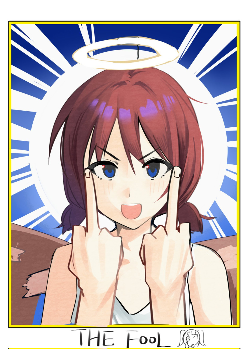 blue_eyes, blush, brown_hair, commentary, double_middle_finger, dress, english_text, fake_halo