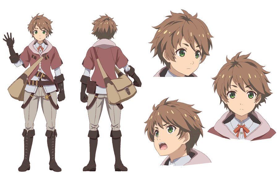 1boy, bag, belt, brown_hair, gloves, green_eyes, grey_pants, grimms_notes