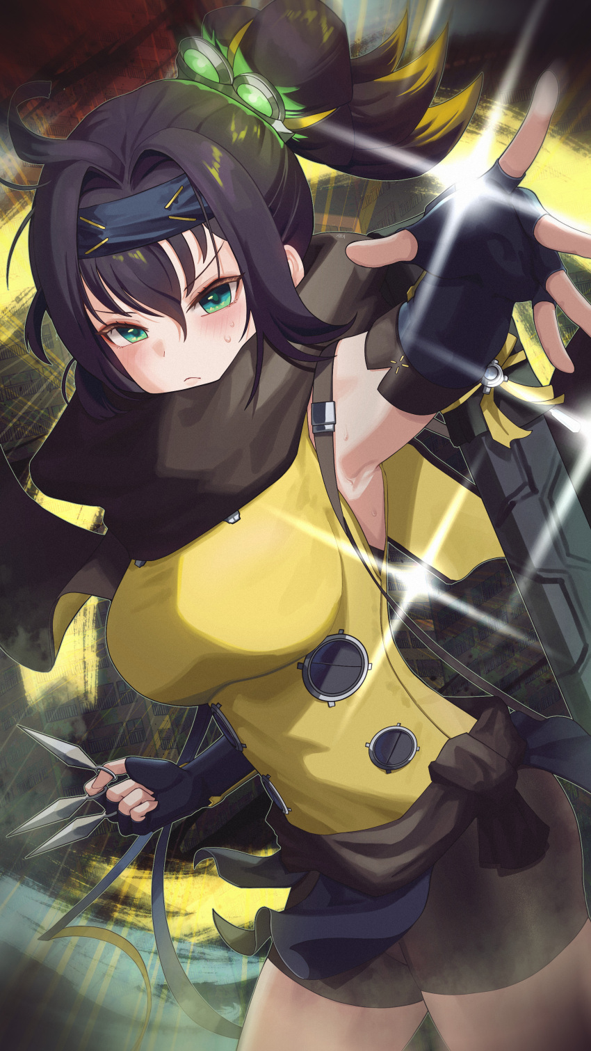 1girl, absurdres, black_scarf, blush, breasts, brown_hair, cowboy_shot, duel_monster