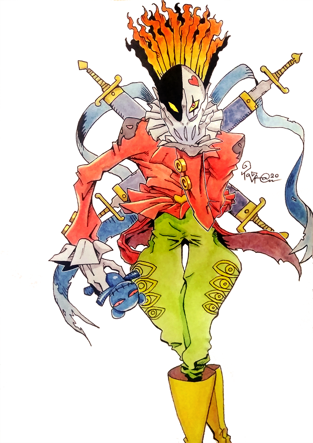 1boy, 2020, black_mask, blonde_hair, blue_ribbon, boots, claws, clown, colored_sclera, colored_tips, crossed_swords, digimon, digimon_(creature), fingernails, frilled_sleeves, frills, full_body, gloves, green_pants, hand_on_own_face, hand_up, heart, highres, holding, holding_stuffed_toy, inktober, jester, jojo_pose, jonathan_joestar's_pose_(jojo), long_fingernails, long_sleeves, male_focus, multicolored_hair, multiple_swords, neck_ruff, orange_hair, pants, piemon, red_eyes, red_shirt, ribbon, scabbard, sharp_fingernails, sheath, shirt, simple_background, solo, stuffed_animal, stuffed_toy, sword, sword_on_back, taragraphika, teddy_bear, torn_ribbon, traditional_media, two-tone_hair, weapon, weapon_on_back, white_background, white_gloves, white_mask, yellow_footwear, yellow_sclera
