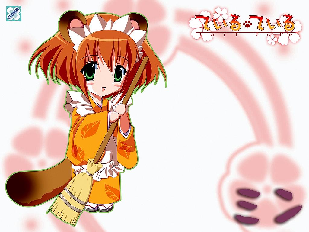 apron, blush, broom, chibi, green_eyes, japanese_clothes, louis&amp;visee, maid_headdress