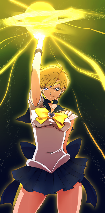 armpits, artist_request, bad_id, bishoujo_senshi_sailor_moon, blonde_hair, blue_eyes, choker, earrings, energy_ball, jewelry, magical_girl, sailor_uranus, short_hair, smirk, solo, super_sailor_uranus, ten'ou_haruka, tiara
