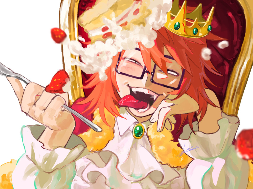 1boy, ascot, birthday_cake, cake, crown, eihrdgyybnq6aiw, fangs, food, food_on_face, fruit, fur_trim, glasses, head_tilt, highres, holding, holding_spoon, long_hair, long_sleeves, looking_at_viewer, male_focus, mantle, open_mouth, orange_hair, puffy_long_sleeves, puffy_sleeves, randal's_friends, randal_ivory, shirt, smile, spoon, strawberry, throne, tongue, tongue_out, upper_body, white_ascot, white_background, white_shirt