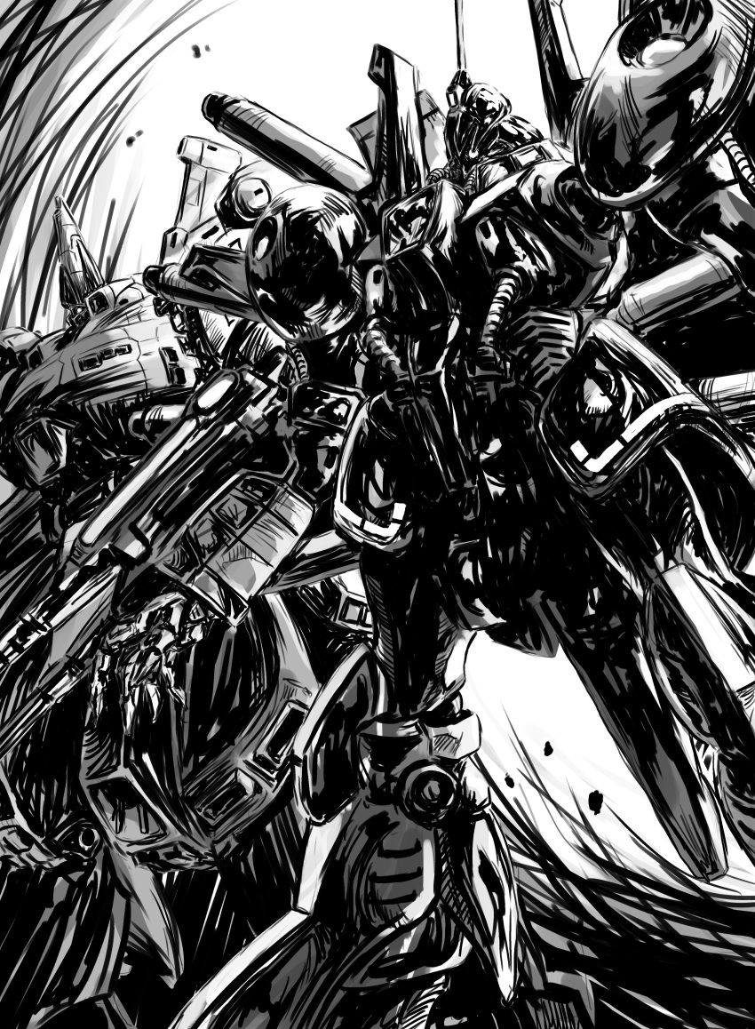 absurdres, beam_cannon, cable, damaged, dirty, greyscale, gundam, highres