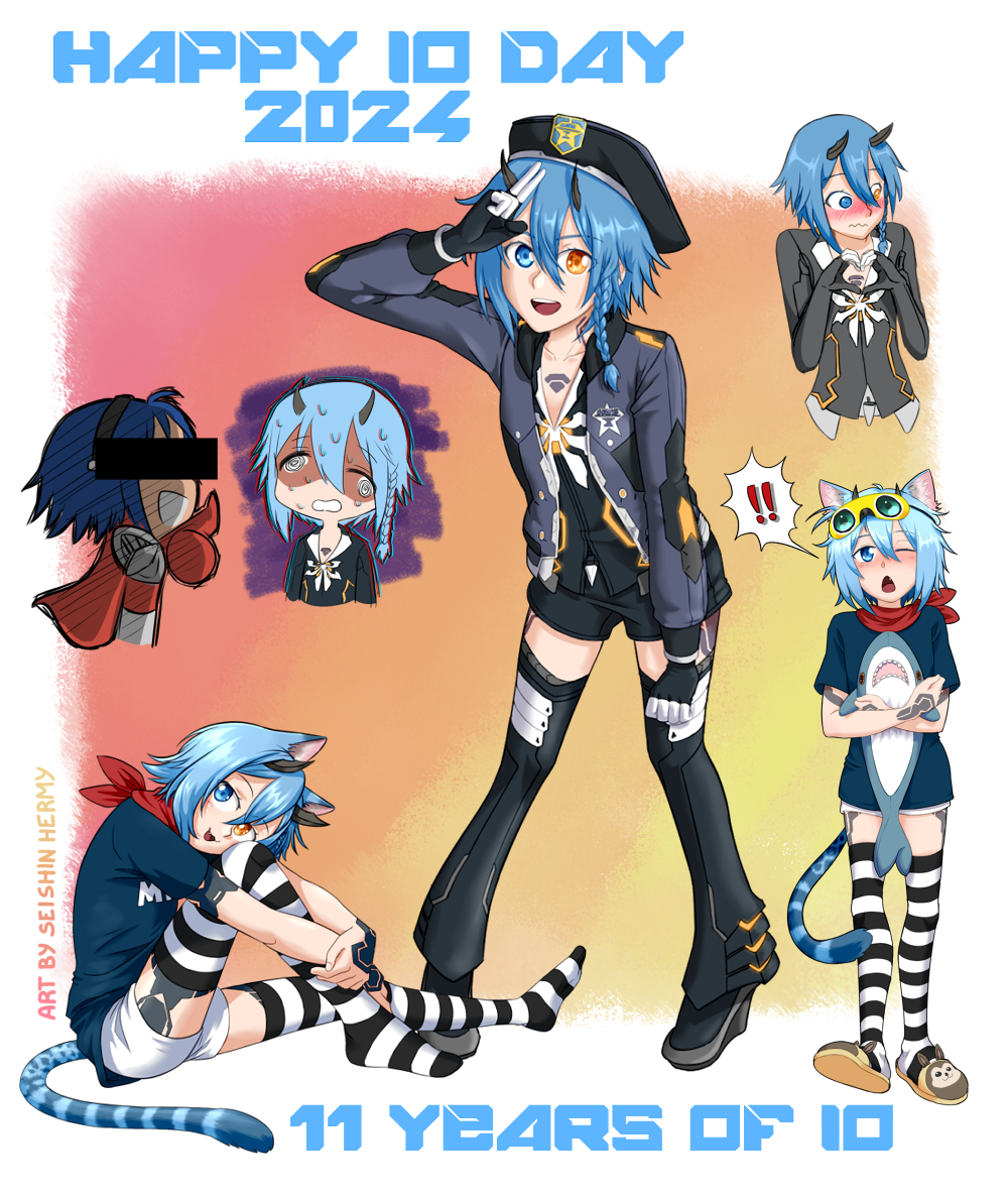 2girls, @_@, animal_ears, beret, black_shirt, black_shorts, black_thighhighs, blue_eyes