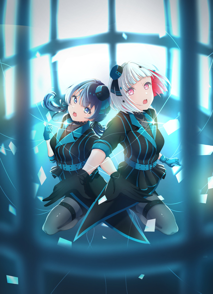 2girls, absurdres, asymmetrical_gloves, awoke_(love_live!), birdcage, black_gloves, black_hat, black_jacket