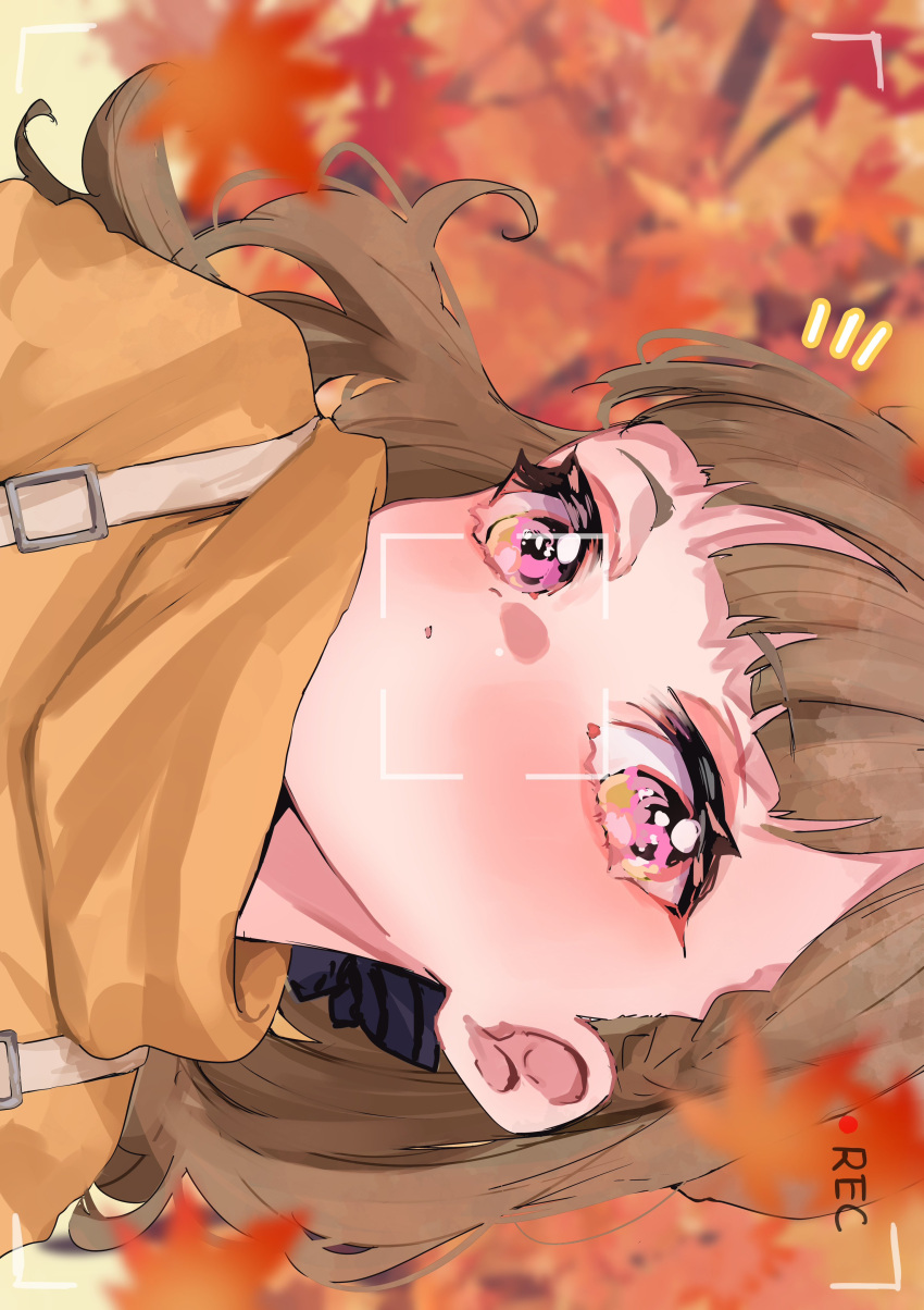 1girl, absurdres, autumn_leaves, blunt_bangs, blurry, blurry_background, braid, brown_hair, casual, center-flap_bangs, commentary_request, highres, jin_(oihlf), kachimachi_kosuzu, link!_like!_love_live!, long_hair, looking_at_viewer, love_live!, official_alternate_costume, parted_lips, pink_eyes, portrait, recording, side_braids, solo, straight_hair, suspenders, sweater, viewfinder, virtual_youtuber, yellow_sweater