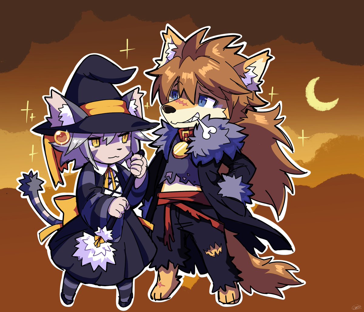 anaquariusart, brown_background, brown_hair, crescent_moon, elh_melizee, full_body, furry, halloween_costume, little_tail_bronx, looking_to_the_side, moon, red_savarin, smile, solatorobo, werewolf, witch