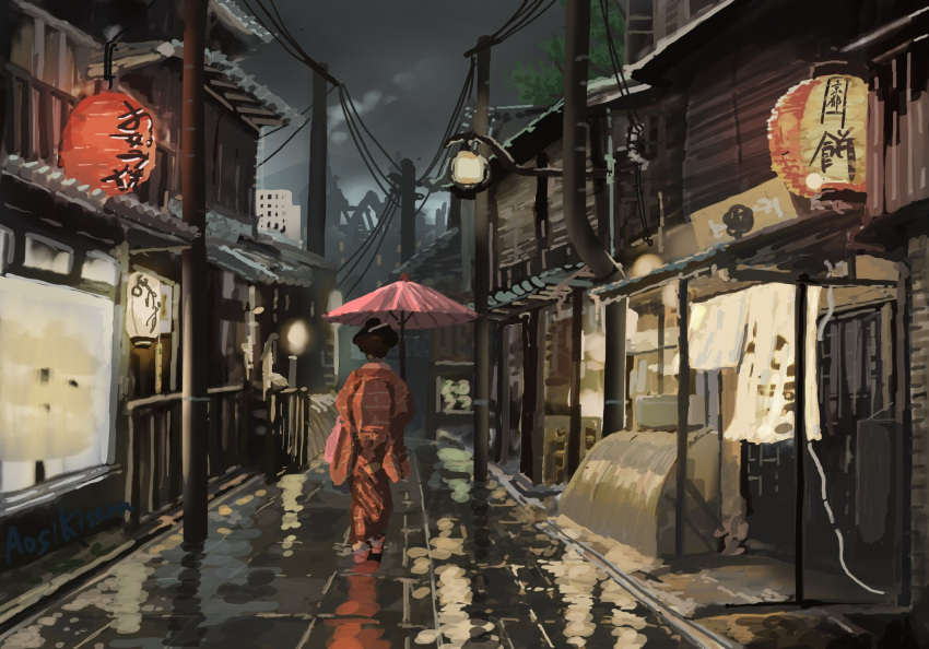 1girl, aosi_kiseru, artist_name, black_hair, building, commentary_request, facing_away, highres, japanese_clothes, kimono, lantern, night, nihongami, oiran, original, paper_lantern, power_lines, red_kimono, reflective_pavement, scenery, solo, umbrella, walking, wide_shot