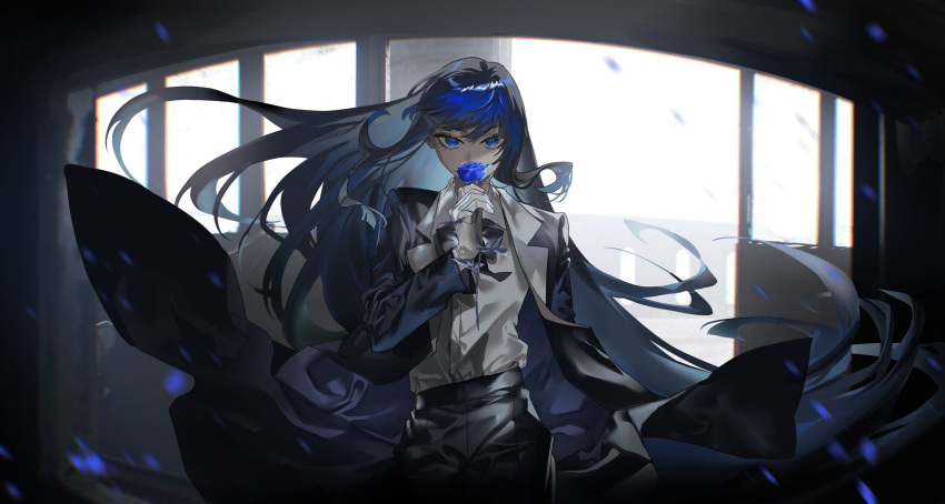 1girl, absurdres, ado_(utaite), an_d_o, black_bow, black_bowtie, black_coat, black_hair