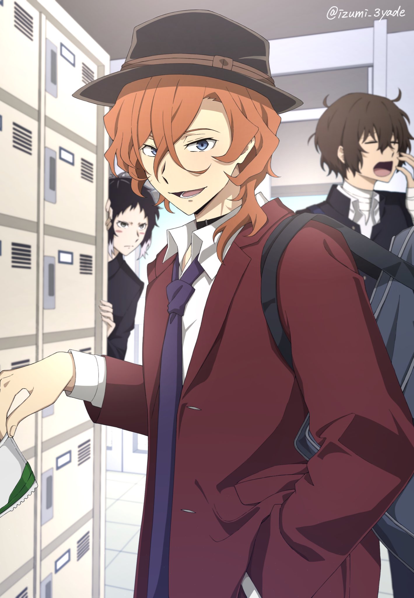 3boys, akutagawa_ryuunosuke_(bungou_stray_dogs), bag, bandaged_arm, bandaged_neck, bandages, black_choker, black_hair