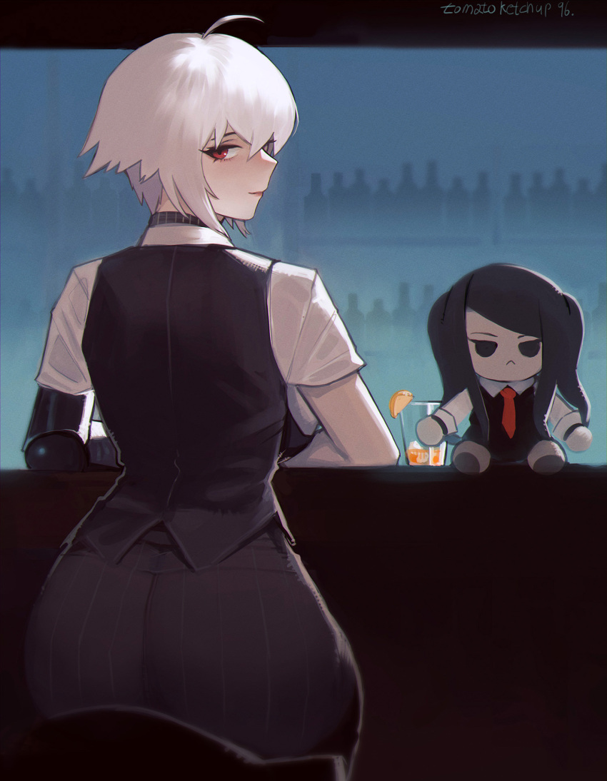 1girl, ahoge, artist_name, bar_(place), bartender, blurry, blurry_background, character_doll