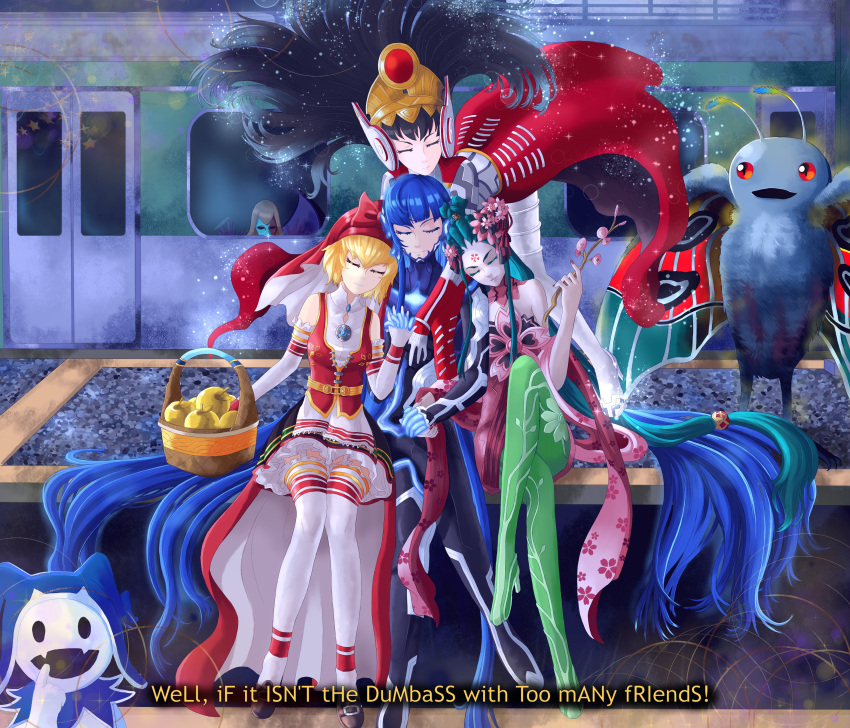 1boy, 3girls, 3others, absurdres, androgynous, apple, armor, bare_shoulders