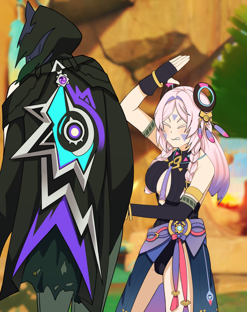 1boy, 1girl, absurdres, armlet, asymmetrical_gloves, bare_shoulders, black_cloak, black_gloves