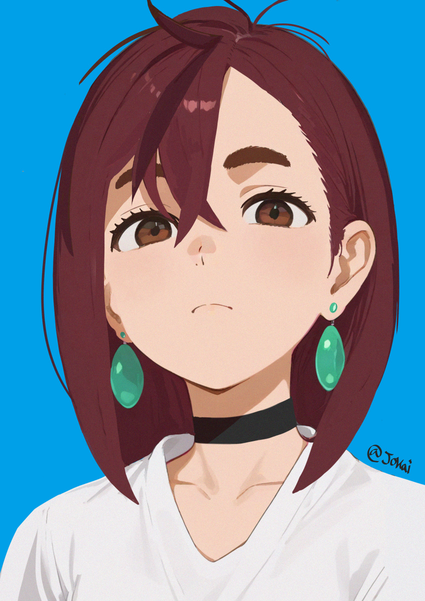 1girl, absurdres, ayase_momo, black_choker, blue_background, brown_eyes, brown_hair, choker, closed_mouth, crossed_bangs, dandadan, earrings, highres, jewelry, joadv, light_frown, looking_at_viewer, shirt, short_hair, simple_background, solo, white_shirt