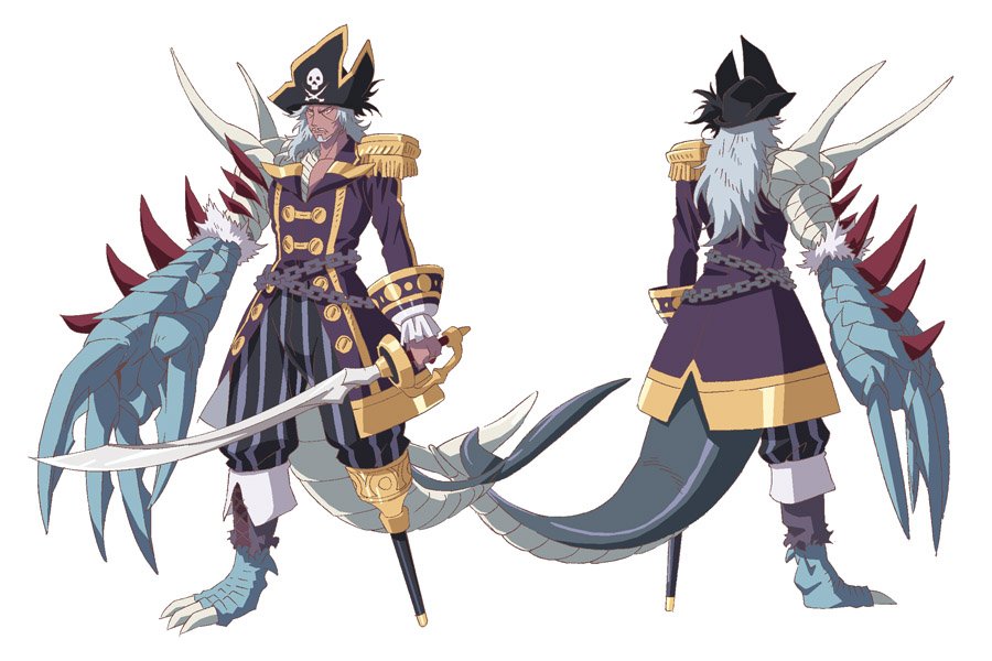 1boy, baggy_pants, beard, dragon_pirate_john_silver_(grimms_notes), facial_hair, grimms_notes, grimms_notes_the_animation, hat, holding, holding_sword, holding_weapon, kawashima_hisashi, leg_support, long_hair, male_focus, messy_hair, mustache, official_art, pants, pirate_hat, scales, simple_background, solo, sword, weapon, white_background