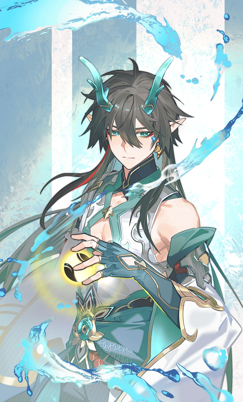 1boy, absurdres, bare_shoulders, black_hair, cowboy_shot, dan_heng_(honkai:_star_rail), dan_heng_(imbibitor_lunae)_(honkai:_star_rail), detached_sleeves, dragon_horns, earrings, eastern_dragon_horns, fingerless_gloves, gloves, hair_between_eyes, highres, honkai:_star_rail, honkai_(series), horns, jewelry, long_hair, looking_at_viewer, maifu, male_focus, multicolored_hair, pointy_ears, solo, streaked_hair, tassel, tassel_earrings, water, wide_sleeves
