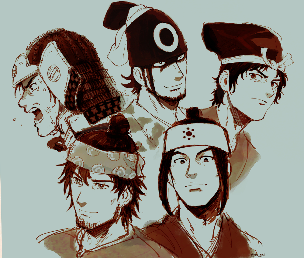 5boys, :o, angolmois:_genkou_kassenki, armor, beard, brown_theme, character_request, facial_hair, hat, headband, helmet, hitari_(angolmois), japanese_armor, jinzaburo_kuchii, kabuto_(helmet), male_focus, medium_hair, multiple_boys, open_mouth, stubble, sweat, topknot, twitter_username, yoshigoi