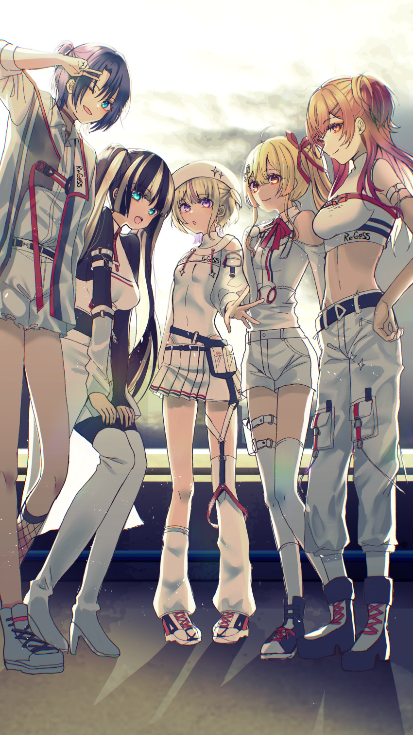 5girls, absurdres, beret, black_hair, blonde_hair, blue_eyes, blue_hair, breasts