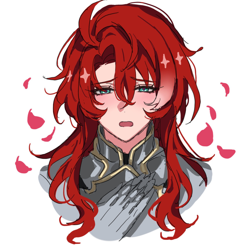 0p78xopwsj83779, 1boy, ahoge, argenti_(honkai:_star_rail), armor, blush, breastplate, commentary_request, cropped_shoulders, eyelashes, gauntlets, gold_trim, green_eyes, hair_between_eyes, hair_intakes, hand_up, highres, honkai:_star_rail, honkai_(series), long_hair, looking_at_viewer, male_focus, multicolored_hair, open_mouth, parted_bangs, petals, raised_eyebrows, redhead, rose_petals, sidelocks, simple_background, solo, upper_body, white_background, white_hair