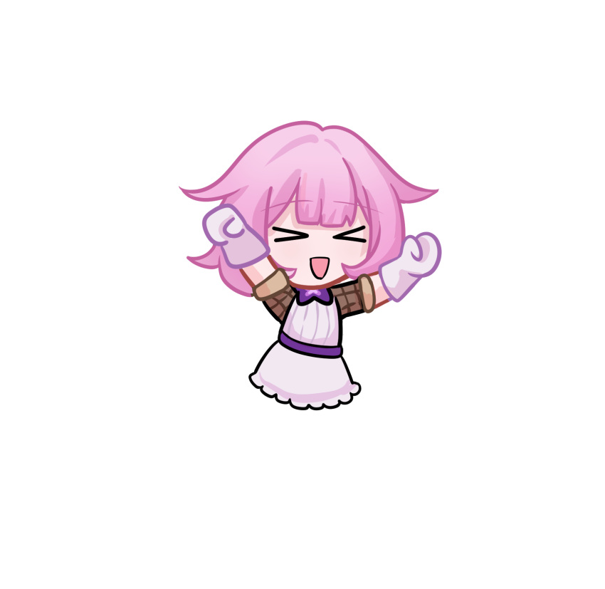 >_<, 1girl, :d, arms_up, chibi, dress, elf_elysia, gloves