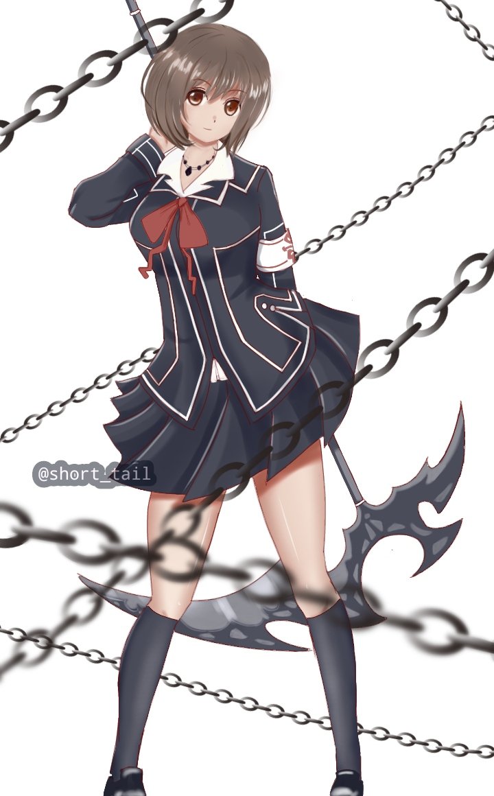 1girl, armband, black_socks, bow, brown_hair, chain, commentary, cross_academy_school_uniform, cross_yuki, english_commentary, holding, holding_scythe, ibispaint_(medium), jewelry, kneehighs, light_smile, necklace, red_bow, school_uniform, scythe, short_hair, shorttaill, simple_background, skirt, socks, solo, twitter_username, vampire_knight, white_background