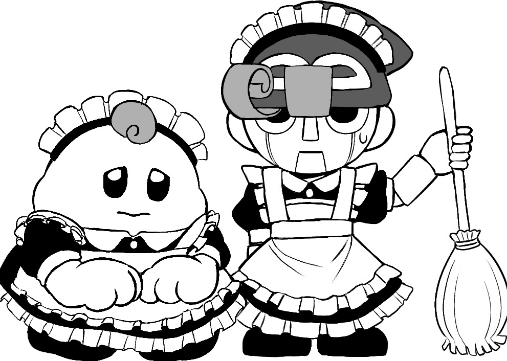 2boys, alternate_costume, apron, bandana, broom, closed_mouth, commentary_request, crossdressing