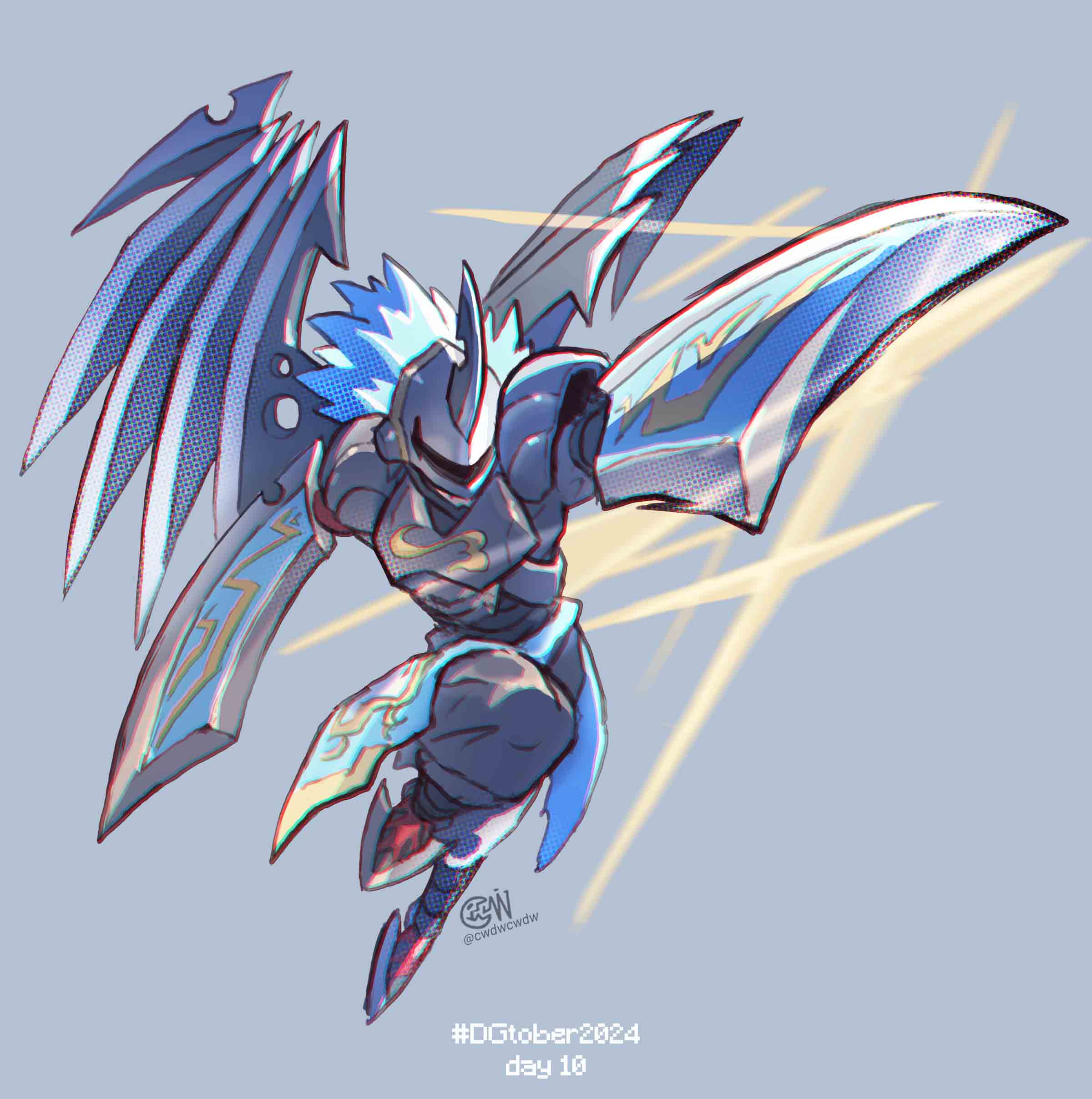 1boy, absurdres, angel, arm_blade, armor, artist_logo, blade_wings, blue_hair