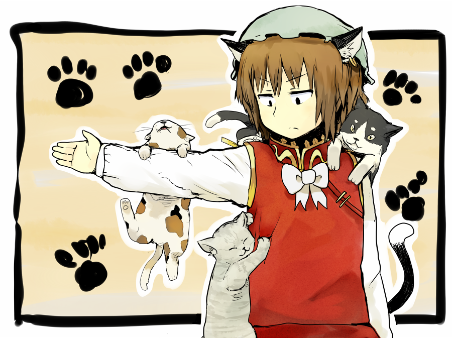 animal_ears, brown_hair, cat, cat_ears, cat_on_person, cat_tail, chen, climbing