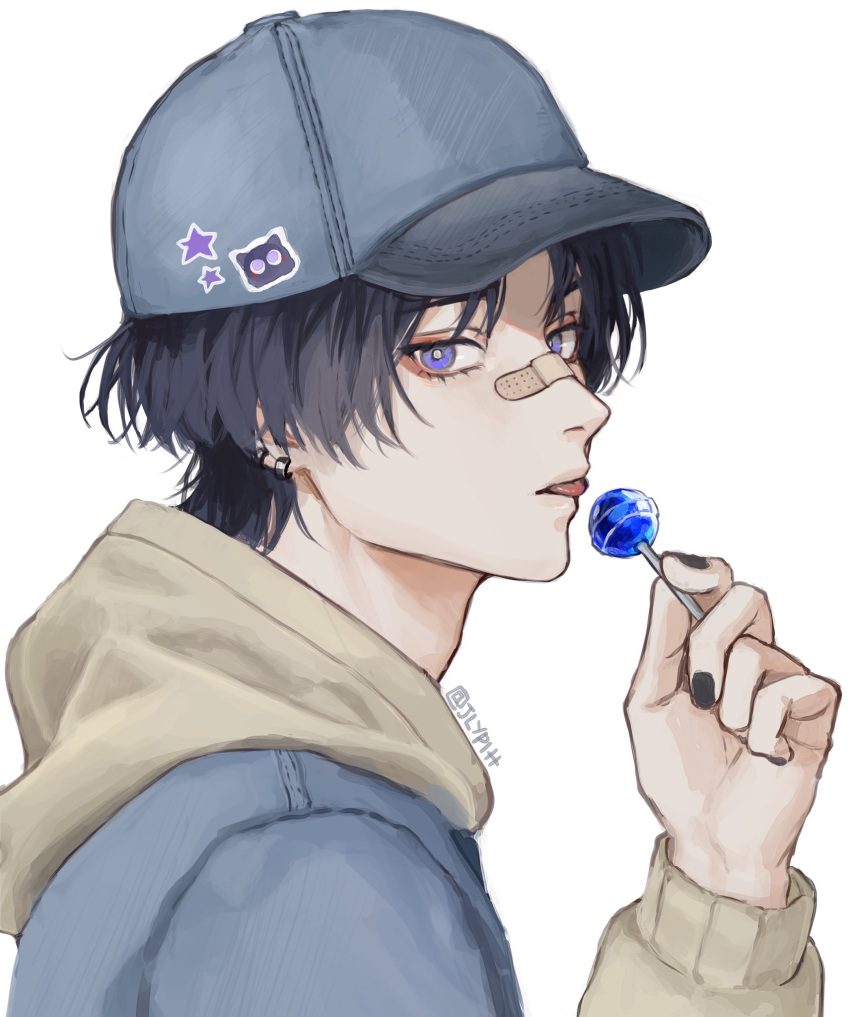 1boy, bandaid, bandaid_on_face, bandaid_on_nose, baseball_cap, black_hair, black_nails, blue_eyes, blue_hat, candy, commentary, contemporary, ear_piercing, earrings, english_commentary, food, from_side, genshin_impact, hat, highres, holding, holding_candy, holding_food, holding_lollipop, hood, hood_down, hoodie, jewelry, jlypih, lollipop, long_sleeves, male_focus, multicolored_clothes, multicolored_hoodie, multiple_earrings, nail_polish, piercing, scaramouche_(genshin_impact), short_hair, simple_background, solo, star_(symbol), sticker, tongue, tongue_out, white_background