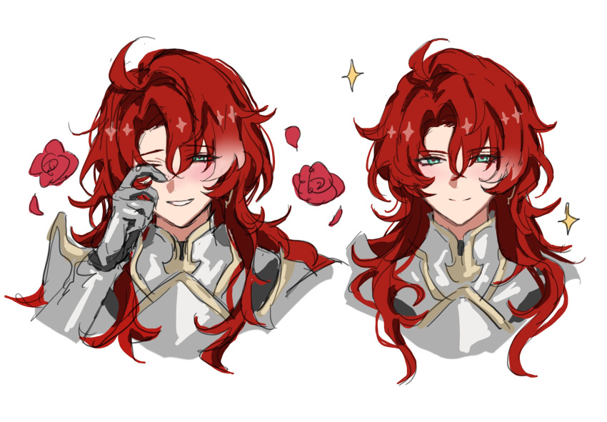 0p78xopwsj83779, 1boy, ahoge, argenti_(honkai:_star_rail), armor, blush, breastplate, closed_mouth, commentary_request, cropped_shoulders, flower, gauntlets, gold_trim, green_eyes, hair_between_eyes, hair_intakes, hand_up, highres, honkai:_star_rail, honkai_(series), long_hair, looking_at_viewer, male_focus, multicolored_hair, multiple_views, one_eye_closed, parted_bangs, parted_lips, pauldrons, petals, red_flower, red_rose, redhead, rose, rose_petals, shoulder_armor, sidelocks, simple_background, smile, sparkle, split_mouth, tears, upper_body, vambraces, white_background, white_hair, wiping_tears
