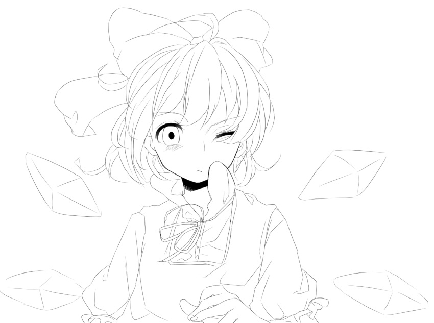 bad_id, bow, bust, cirno, face, hair_bow, izumi1019, lineart
