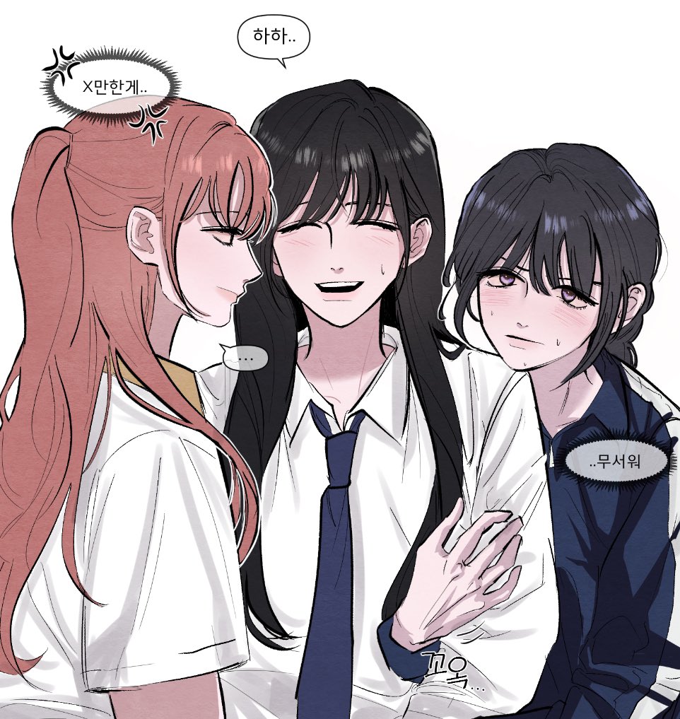3girls, anger_vein, black_hair, blue_jacket, blue_necktie, braid, brown_hair, choi_yeowoon, closed_eyes, collared_shirt, commentary, gil_somyung, half_updo, holding_another's_arm, jacket, korean_commentary, korean_text, like_mother_like_daughter, long_hair, long_sleeves, multiple_girls, necktie, seo_namsoo, shirt, short_sleeves, simple_background, sweatdrop, theydo1ove, translation_request, upper_body, violet_eyes, white_background, white_shirt