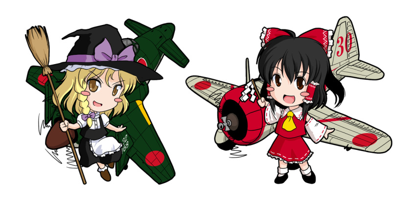 airplane, black_hair, blonde_hair, blush_stickers, braid, broom, chibi, detached_sleeves