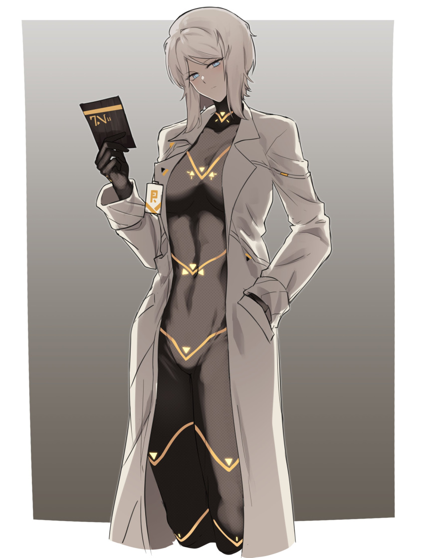 1girl, absurdres, black_bodysuit, blue_eyes, bodysuit, card, cesara_(project_moon), cesara_(project_moon)_(cosplay), coat, cosplay, faust_(project_moon), gradient_background, hand_in_pocket, highres, holding, holding_card, lab_coat, limbus_company, long_sleeves, project_moon, rmenssari, simple_background, solo, standing, turtleneck, turtleneck_bodysuit, white_coat, white_hair