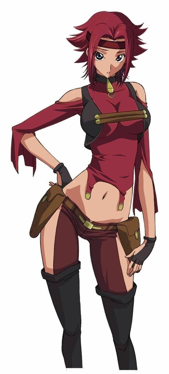 bare_shoulders, blue_eyes, boots, breasts, carmen99, carmen99_(cosplay), code_geass, cosplay, gloves, gunxsword, hand_on_hip, headband, highres, hips, jpeg_artifacts, kallen_stadtfeld, large_breasts, midriff, parody, photoshop, red_hair, redhead, short_hair, solo, thigh-highs, thigh_boots, thighhighs