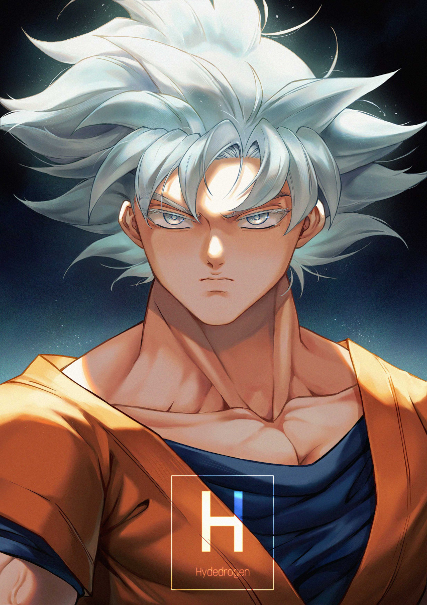 1boy, absurdres, artist_logo, closed_mouth, collarbone, dougi, dragon_ball, gradient_background