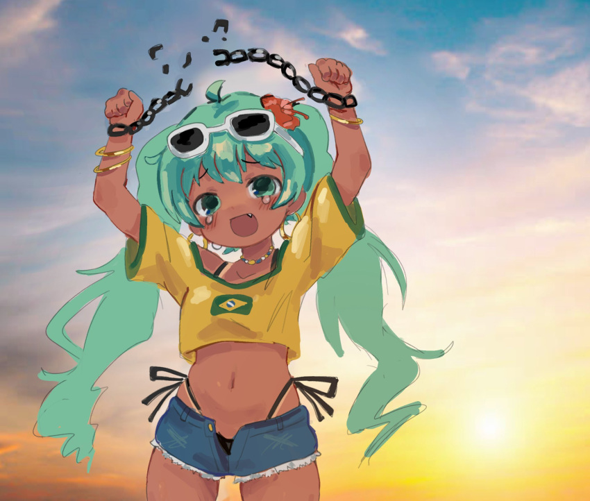 1girl, bad_link, bare_legs, brazilian_flag, brazilian_miku, broken, broken_chain, chain, cowboy_shot, fang, fini_hoover, hatsune_miku, highres, jewelry, long_hair, necklace, shorts, sky, solo, sunglasses, sunset, tears, vocaloid