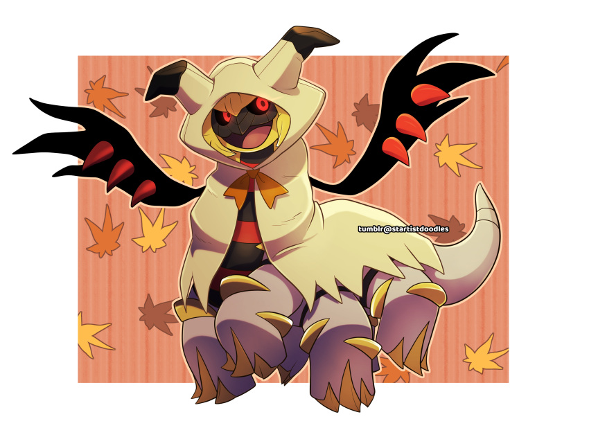:d, animal_focus, artist_name, autumn_leaves, black_sclera, border, closed_mouth, colored_sclera, commentary, cosplay, english_commentary, full_body, giratina, glowing, glowing_eyes, happy, highres, leaf, looking_at_viewer, maple_leaf, mimikyu, mimikyu_(cosplay), no_humans, outline, pokemon, pokemon_(creature), red_eyes, smile, solo, standing, startistdoodles, tumblr_username, white_border, white_outline, yellow_outline