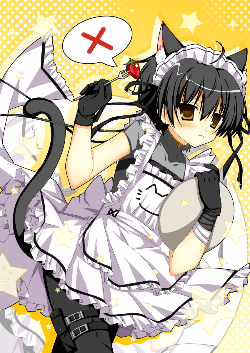 1boy, 2000s_(style), :<, absurdres, ahoge, alternate_costume, animal_ears, apron