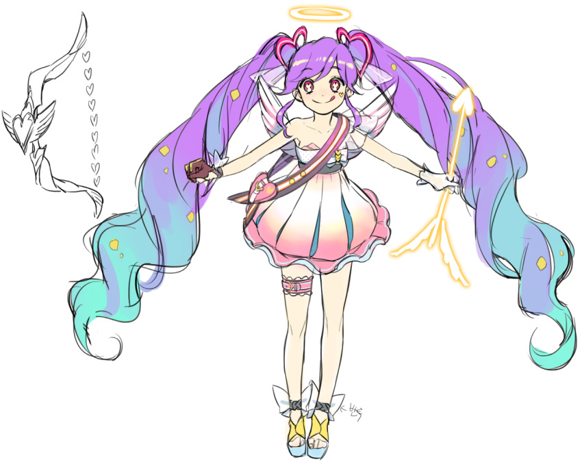 1girl, :q, angel_wings, ankle_bow, aqua_hair, arrow_(projectile), asymmetrical_gloves, bag