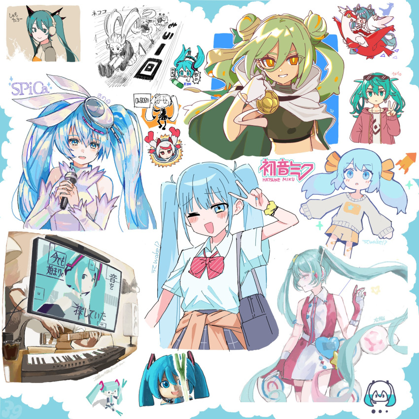 1other, ambiguous_gender, android, artist_collaboration, artist_request, black_shirt, blue_eyes, blue_hair, borrowed_design, bow, bowtie, cape, cartwheel, collared_dress, collared_shirt, computer, copyright_request, cropped_shirt, crossover, detached_sleeves, double_bun, dress, echo_(higma), expressionless, eyewear_on_head, floating_hair, flying, food, gloves, green_hair, grey_sweater, grin, ground_miku_(project_voltage), guitar, gyaru, hair_between_eyes, hair_bun, hand_in_pocket, hatsune_miku, highres, holding, holding_food, holding_guitar, holding_instrument, holding_spring_onion, holding_vegetable, hood, hood_down, hooded_cape, instrument, jacket, jumping, keyboard_(instrument), kinomi_3030, latias, long_hair, long_sleeves, looking_at_viewer, midriff, mikudayo, mishio_(misio_40), mondainai_tripper!, multicolored_hair, multiple_views, music, nekoko_pjsk, oekaki, ohsos!!_(vocaloid), orange_eyes, orange_shorts, partially_colored, playing_instrument, pokemon, pokemon_(creature), poppippoo_(vocaloid), project_voltage, red_bow, red_bowtie, red_dress, red_jacket, riding, riding_pokemon, rocket, rolling_girl_(vocaloid), school_uniform, scrunchie, shamotaro_(shamo_toufu), shirt, short_dress, short_sleeves, shorts, sleeveless, sleeveless_dress, sleeveless_shirt, smile, songover, spring_onion, streaked_hair, striped_bow, striped_bowtie, striped_clothes, suna_no_wakusei_(vocaloid), sunglasses, sweater, triple_ryuunen, twintails, two-tone_dress, utuber_(vocaloid), v, vegetable, very_long_hair, vocaloid, wawasuke, white_cape, white_dress, white_gloves, white_shirt, wrist_scrunchie, yellow_pupils