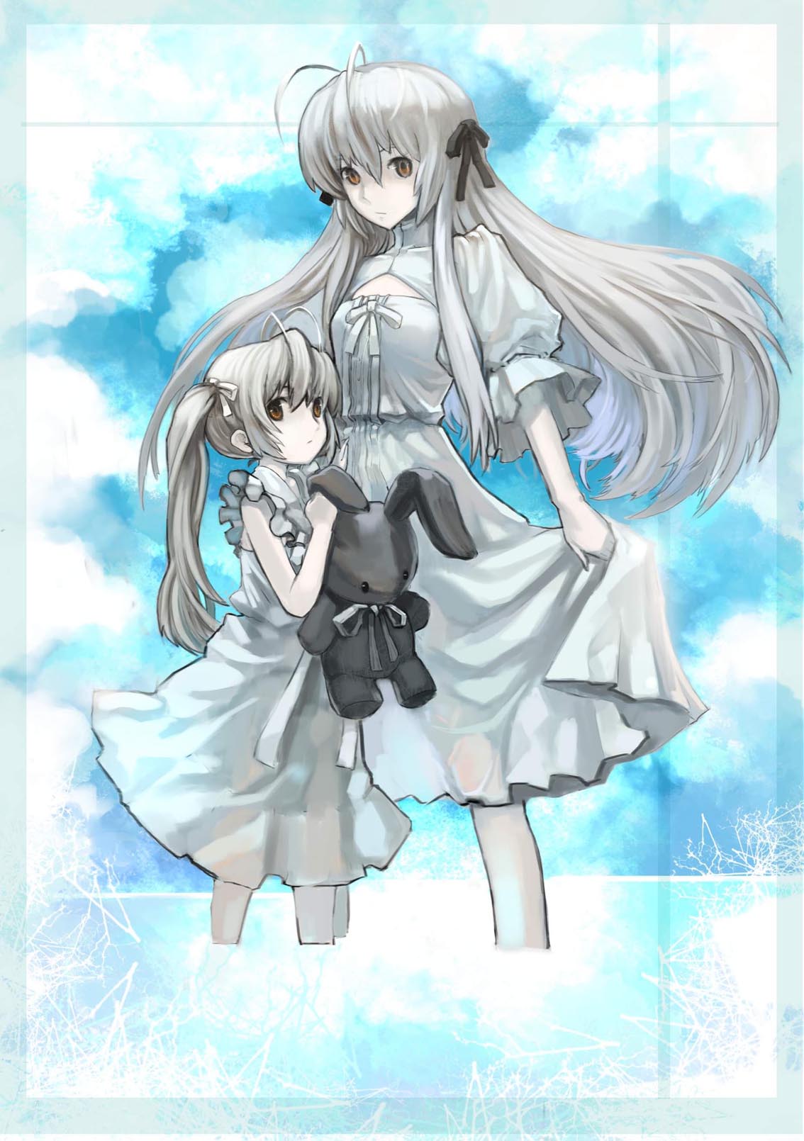 child, dress, hair_ribbon, highres, kasugano_sora, long_hair, ribbon, silver_hair, stuffed_animal, stuffed_toy, time_paradox, twintails, yosuga_no_sora, zm