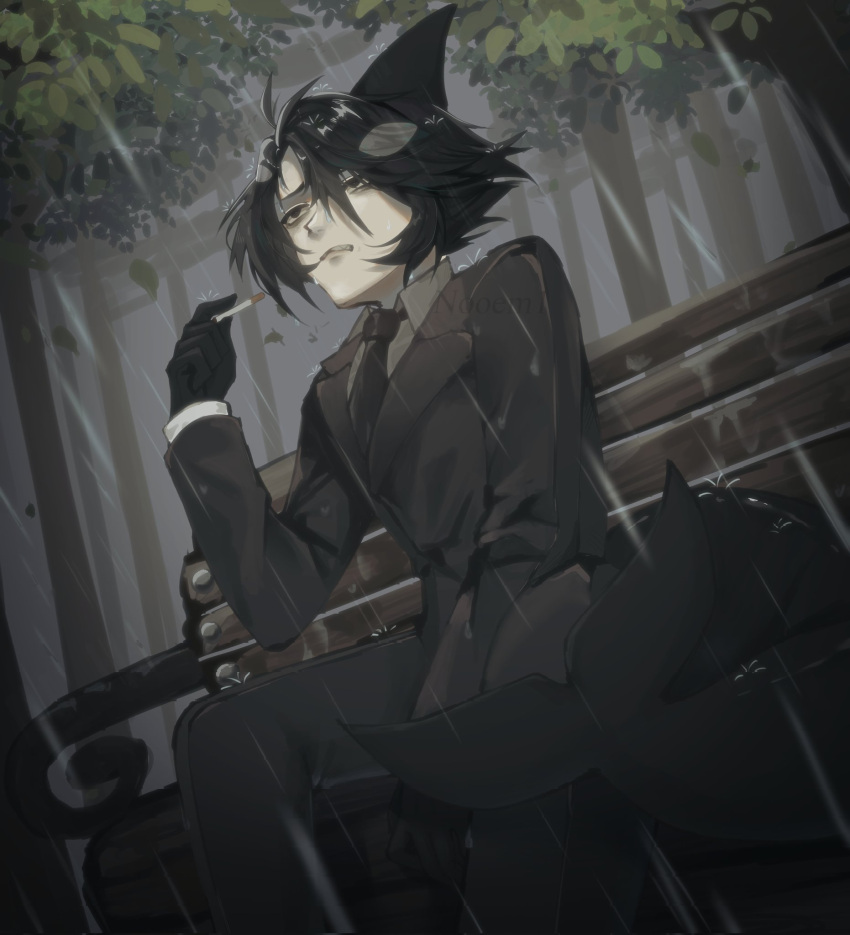 1boy, bags_under_eyes, bench, black_eyes, black_gloves, black_hair, black_necktie, black_pants, black_suit, cetacean_tail, cigarette, closed_mouth, english_commentary, fins, fish_tail, funamusea, gloves, hair_between_eyes, head_fins, highres, holding, holding_cigarette, idate_(funamusea), male_focus, multicolored_hair, necktie, nooem1, pale_skin, pants, rain, short_hair, sitting, solo, suit, tail, tree, watermark, white_hair