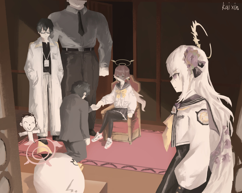 2girls, 4boys, azusa_(blue_archive), black_dress, black_footwear, black_jacket, black_necktie, black_pants, black_pantyhose, black_shirt, blonde_hair, blue_archive, doodle_sensei_(blue_archive), dress, gamer_dev_sensei_(blue_archive), glasses, golden_wind_ending_(meme), hair_between_eyes, hand_grab, hifumi_(blue_archive), highres, jacket, jojo_no_kimyou_na_bouken, kneeling, lab_coat, meme, multiple_boys, multiple_girls, necktie, pants, pantyhose, parody, peroro_(blue_archive), problem_solver_sensei_(blue_archive), red_carpet, sailor_collar, sensei_(blue_archive), sensei_(blue_archive_the_animation), shaded_face, shirt, sitting_on_throne, vento_aureo, white_footwear, white_hair, white_jacket, white_shirt, zheng_kai_xin