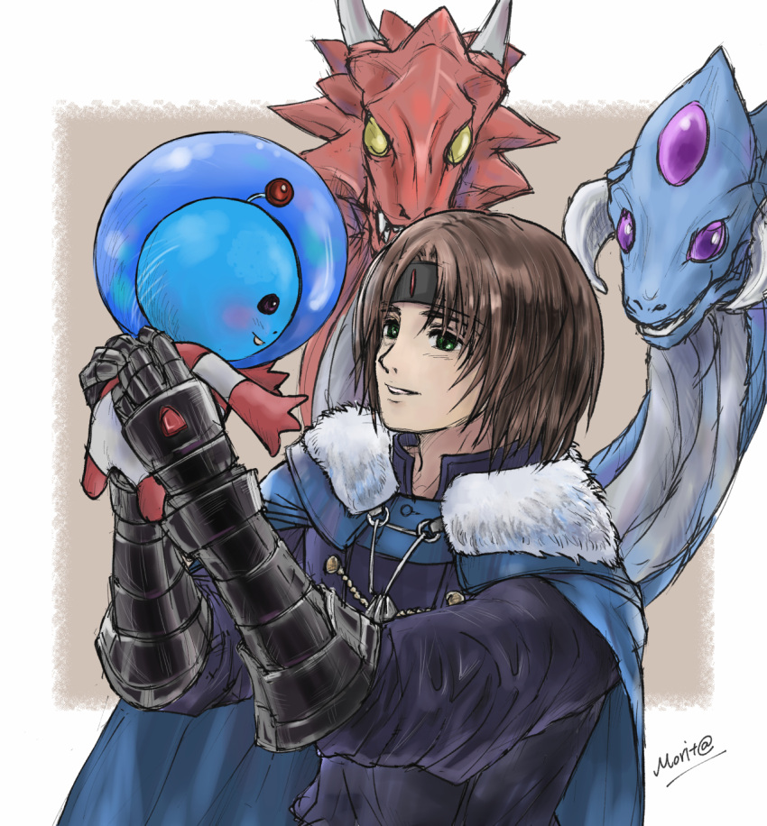 2boys, alien, ashton_anchors, blue_skin, blush, brown_hair, cape, chrono_cross